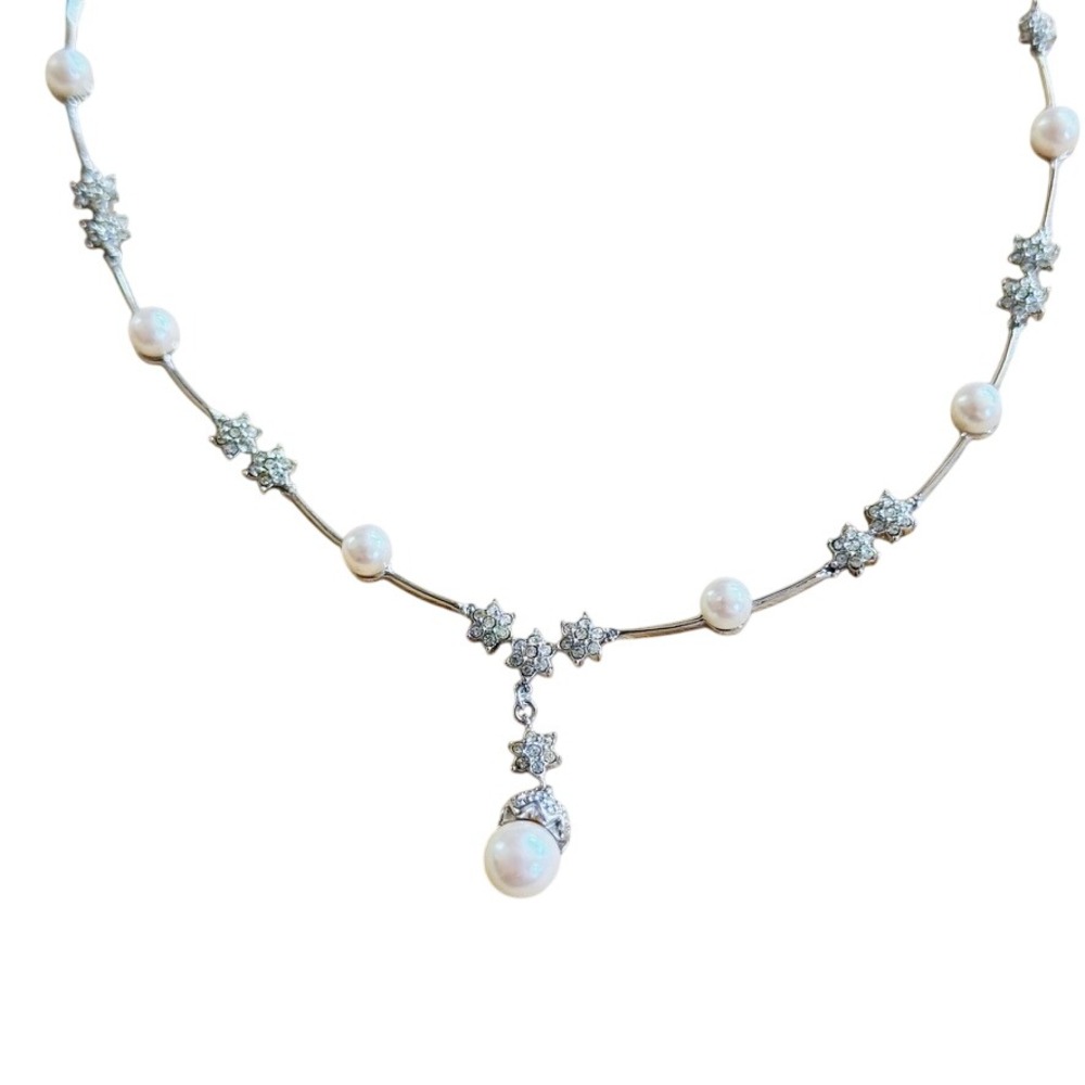 Nadri Necklace CZ Rhodium Plated Pearl Cluster Beaded Choker Bridal Silver 15.5"